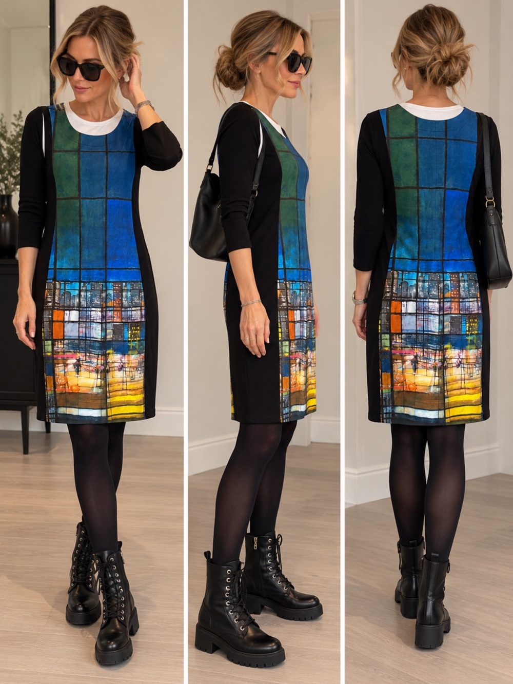 Women's Long Sleeve Black Dress with Vibrant Blue & Multicolor Panel